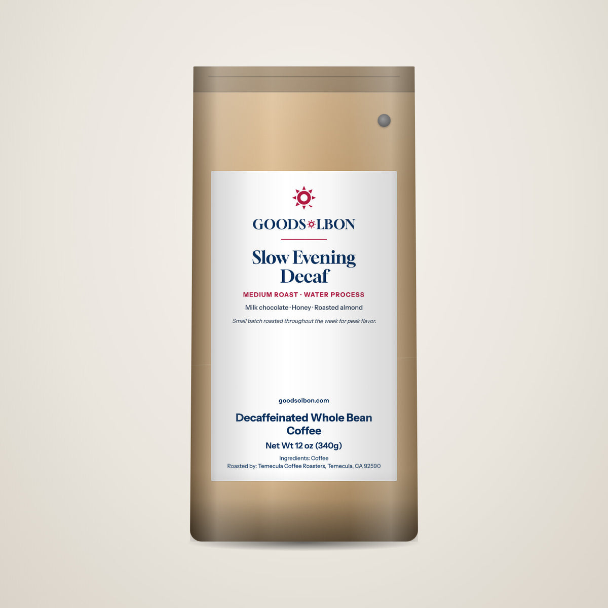 Slow Evening Decaf Swiss Water Process whole bean coffee 12 oz kraft bag